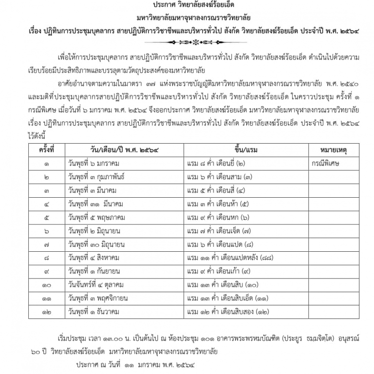ประกาศ วิทยาลัยสงฆ์ร้อยเอ็ด  มหาวิทยาลัยมหาจุฬาลงกรณราชวิทยาลัย เรื่อง ปฏิทินการประชุมบุคลากร สายปฏิบัติการวิชาชีพและบริหารทั่วไป สังกัด วิทยาลัยสงฆ์ร้อยเอ็ด ประจำปี พ.ศ. ๒๕๖๔