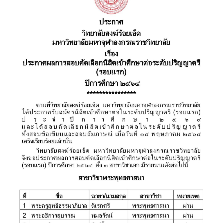 ประกาศ วิทยาลัยสงฆ์ร้อยเอ็ด  มหาวิทยาลัยมหาจุฬาลงกรณราชวิทยาลัย เรื่อง  ประกาศผลการสอบคัดเลือกนิสิตเข้าศึกษาต่อระดับปริญญาตรี (รอบแรก)  ปีการศึกษา ๒๕๖๔