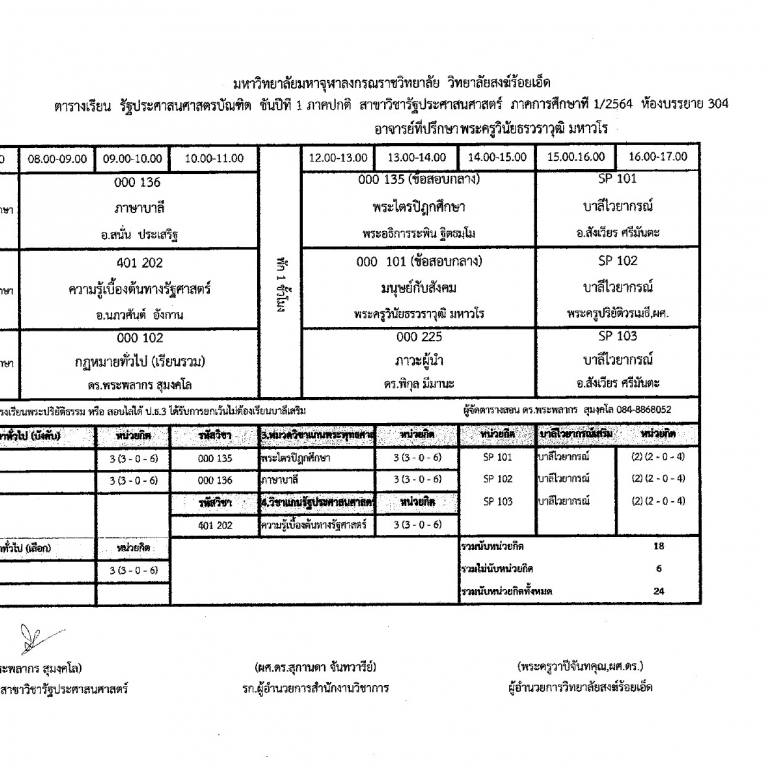 ประกาศ วิทยาลัยสงฆ์ร้อยเอ็ด มหาวิทยาลัยมหาจุฬาลงกรณราชวิทยาลัย ตารางเรียน  รัฐประศาสนศาสตรบัณฑิต  ชั้นปีที่ 1-4 ภาคปกติ  สาขาวิชารัฐประศาสนศาสตร์  ภาคการศึกษาที่ 1/2564