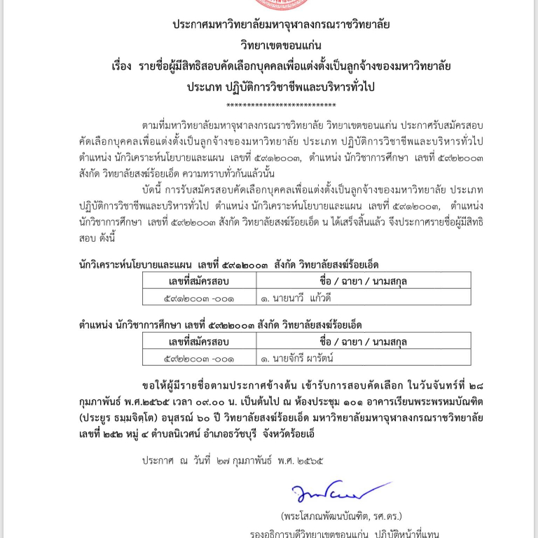 ประกาศมหาวิทยาลัยมหาจุฬาลงกรณราชวิทยาลัย  วิทยาเขตขอนแก่น เรื่อง รายชื่อผู้มีสิทธิสอบคัดเลือกบุคคลเพื่อแต่งตั้งเป็นลูกจ้างของมหาวิทยาลัย   ประเภท ปฏิบัติการวิชาชีพและบริหารทั่วไป