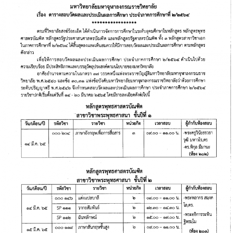 ประกาศวิทยาลัยสงฆ์ร้อยเอ็ด มหาวิทยาลัยมหาจุฬาลงกรณราชวิทยาลัย เรื่อง ตารางสอบวัดผลและประเมินผลการศึกษา ประจำภาคการศึกษาที่ ๒/๒๕๖๕